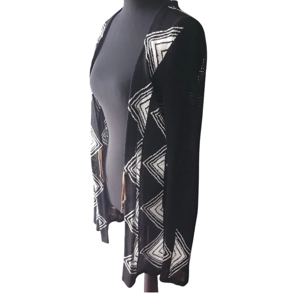 NIC + ZOE Geometric Diamond Knit Open Front Cardigan Sweater Black White Medium